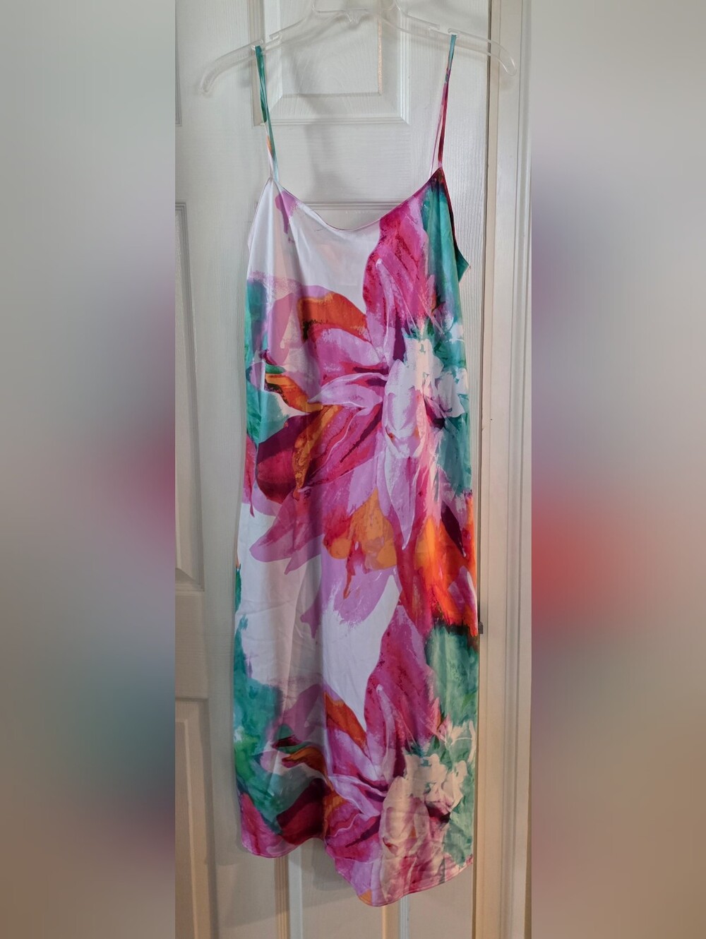 Natori Pink Teal & Orange Floral Midi Satin Slip Dress Medium